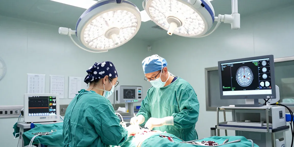 Expert surgical team performing a beyin tümörü ameliyatı with advanced equipment in a modern operating room.