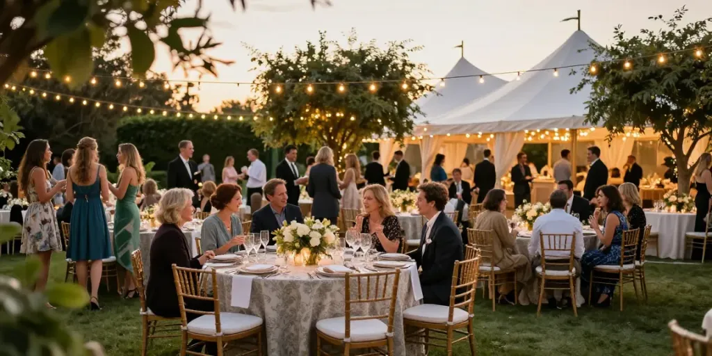 Event furniture rental setup at an elegant outdoor gala showcasing premium tables and chairs with beautiful centerpieces.