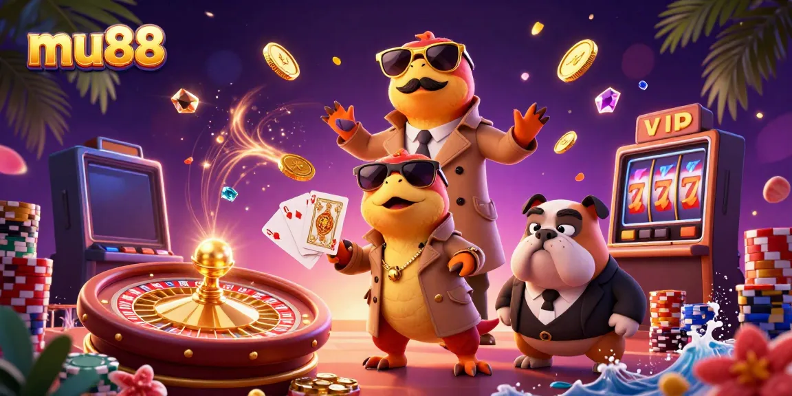 Exciting mu88 scene with raptors sneaking into a casino, surrounded by coins and cards.