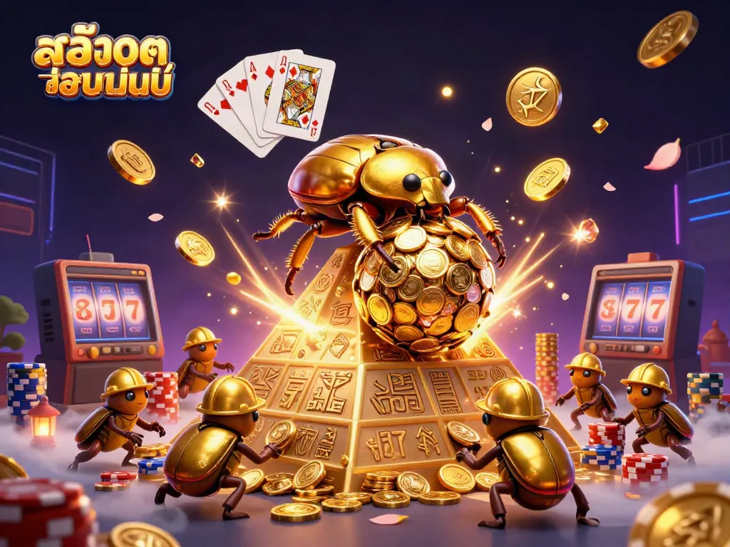 Experience thrilling สล็อตออนไลน์ action as golden beetles roll coins up a pyramid in a vibrant casino scene.