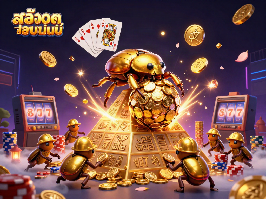 Experience thrilling สล็อตออนไลน์ action as golden beetles roll coins up a pyramid in a vibrant casino scene.