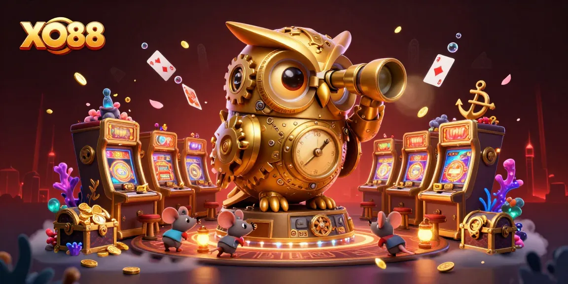 Engage in exciting slots and games at XO88, featuring a golden owl overseeing vibrant casino action.