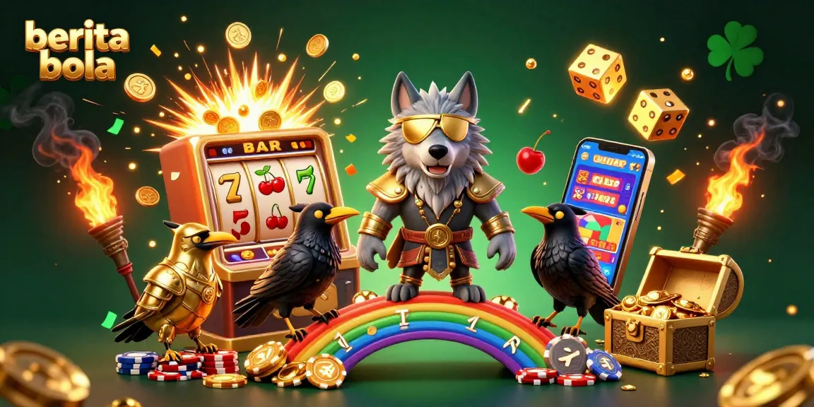 Experience excitement with berita bola featuring Odin, the wolf, amidst colorful casino elements.