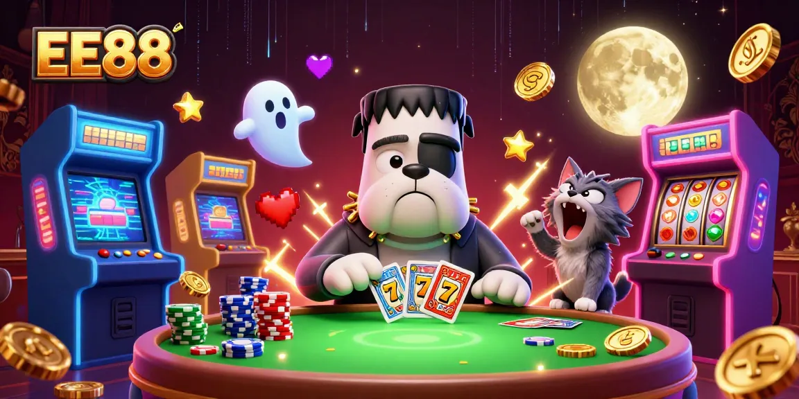 Experience the thrill of EE88 casino action with a playful Frankenstein bulldog and friends.
