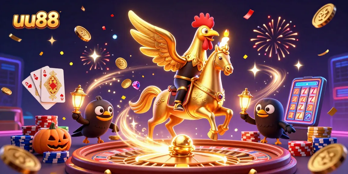 Join the fun at uu88 with a golden rooster adventuring through a vibrant casino scene full of treasures.
