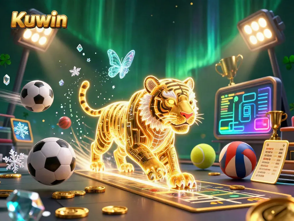 Kuwin offers thrilling gaming experiences in a vibrant digital casino landscape with a neon tiger and sports elements.