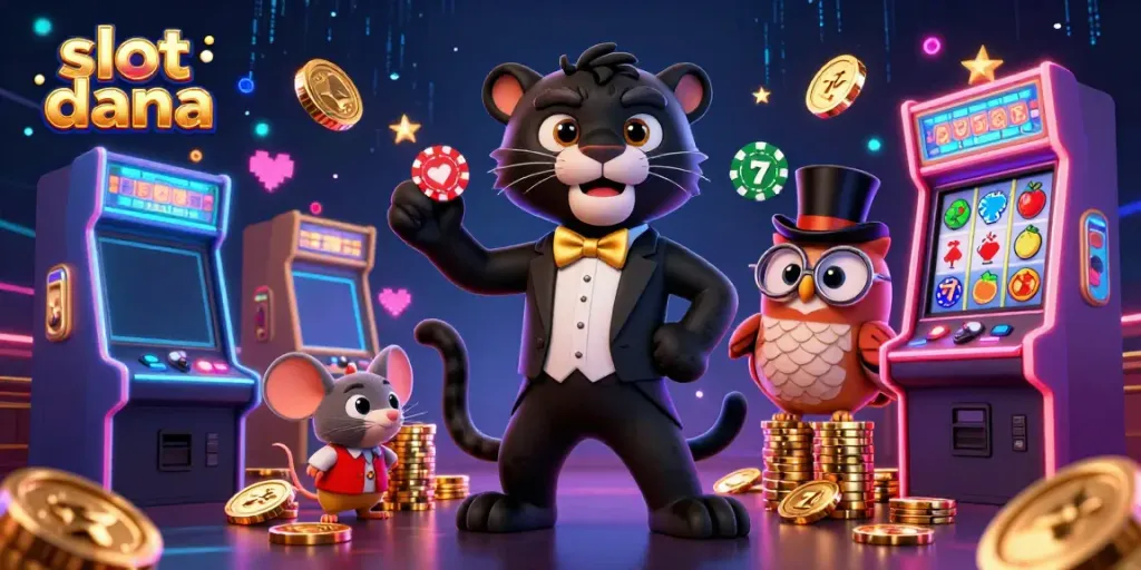 Memainkan slot dana dengan keberuntungan pada mesin slot berwarna-warni dan karakter kartun.