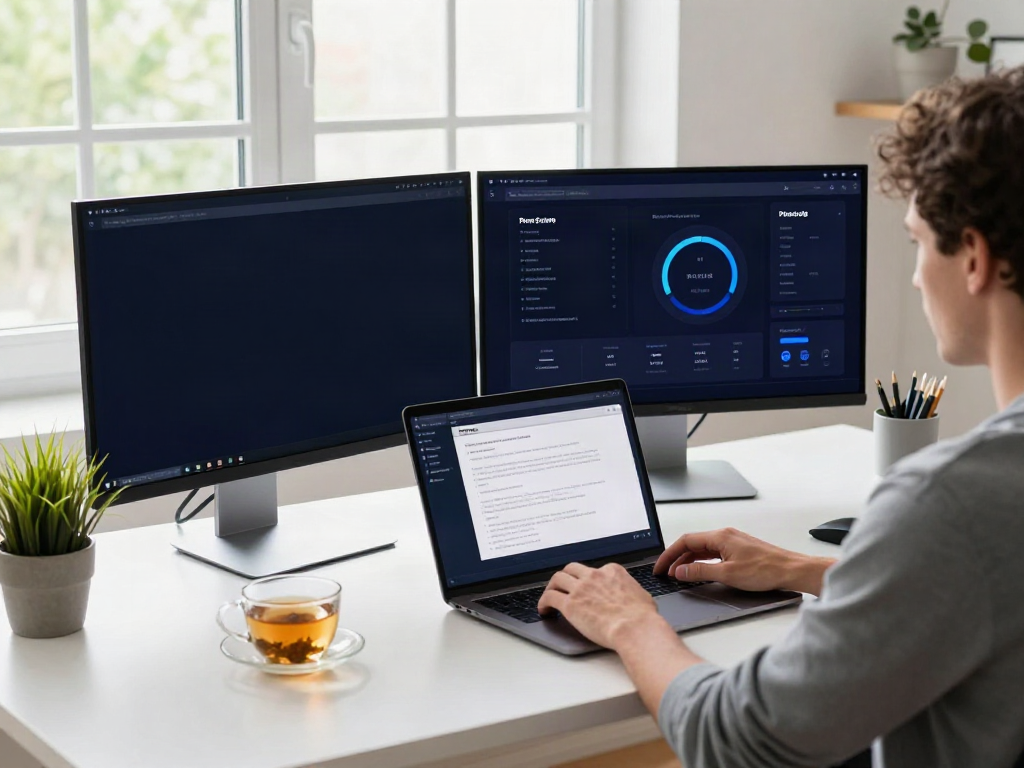 Focused individual using brave浏览器 on a laptop in a modern workspace, highlighting digital privacy.