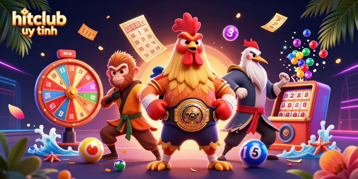 Experience excitement with hitclub uy tín as colorful lottery balls and casino elements burst around cartoon characters.