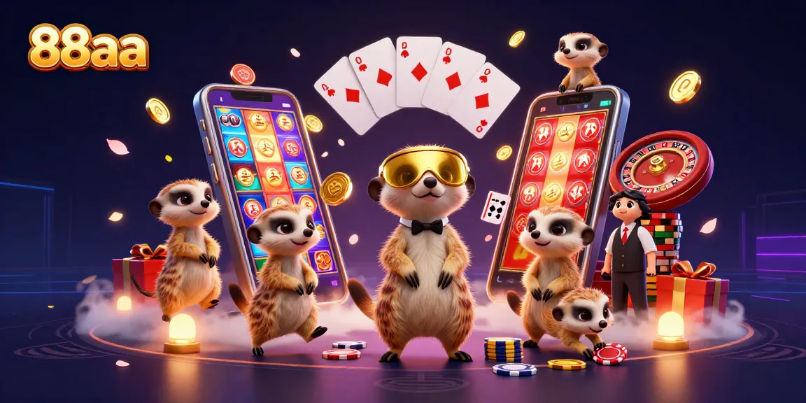Play and win at 88aa with a vibrant casino scene featuring animated meerkats and exciting gaming elements.