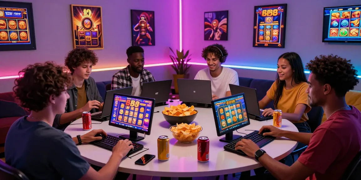 Friends enjoying slot88 online games together, vibrant screens and snacks around a festive gaming table.