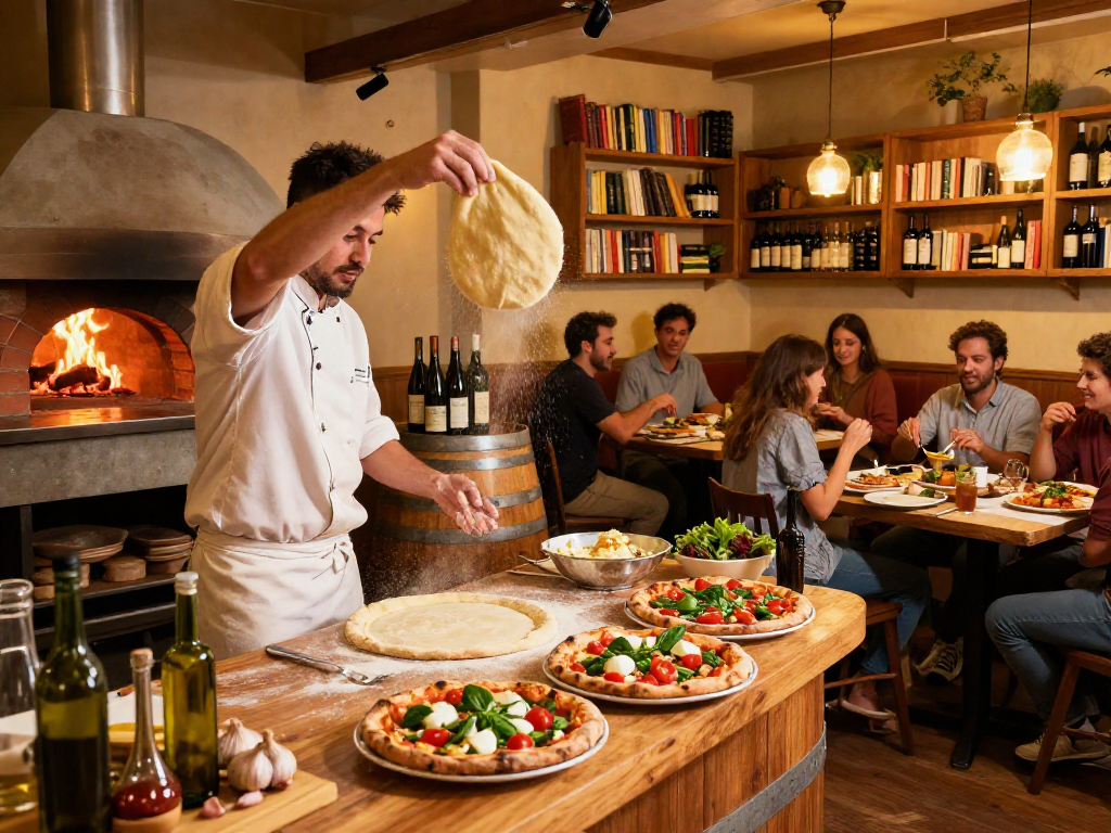 Artisan chef tossing pizza dough in a lively restaurant setting, embodying the joyful spirit of Italian cuisine in a slot-focused atmosphere.