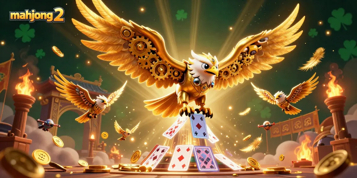 Experience mahjong 2 with 3D characters in an action-packed casino-themed scene filled with elements like playing cards and golden coins.
