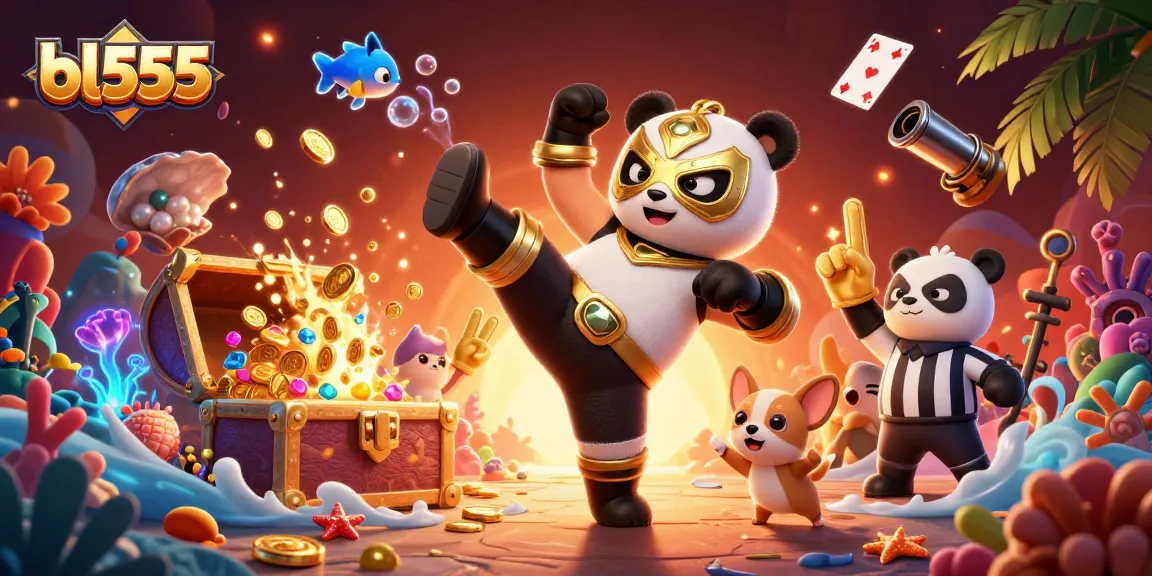 Experience electrifying action at bl555 with a panda wrestler and excitement amid exploding treasure.