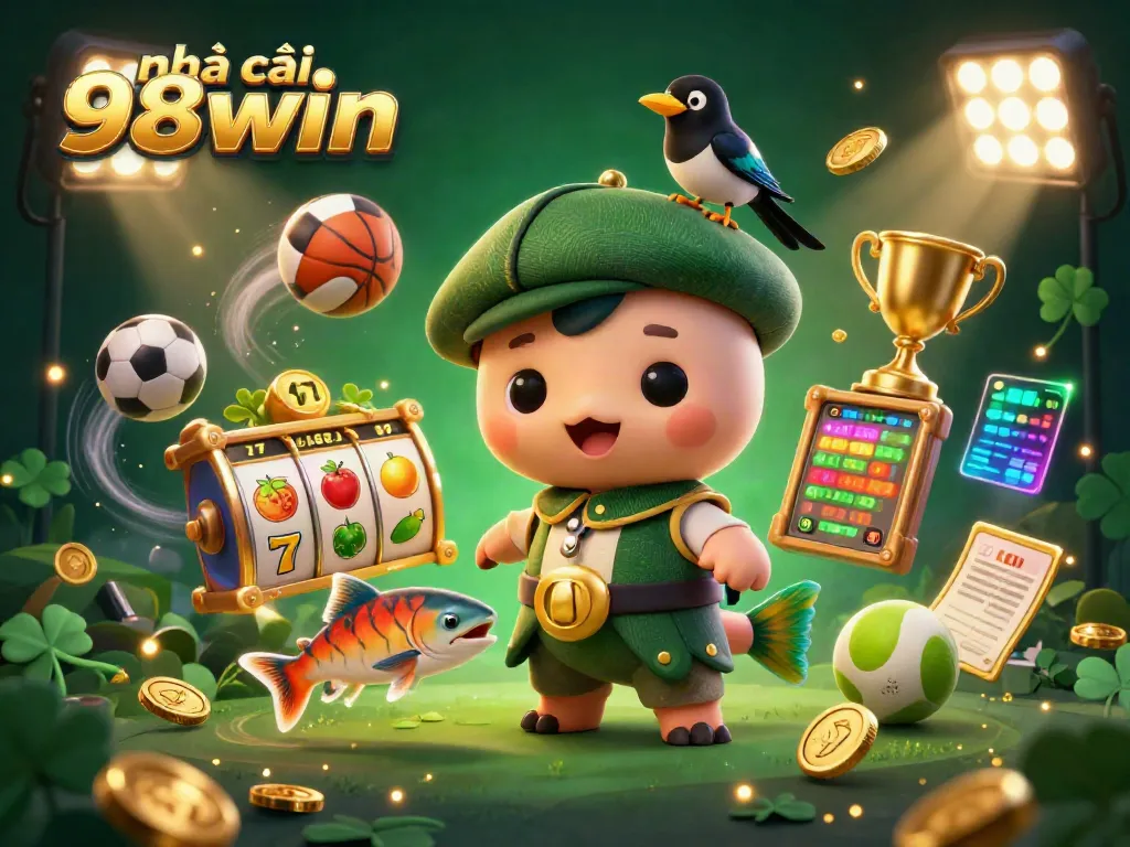 Experience excitement with nhà cái 98win through a vibrant 3D scene showcasing a playful Nessie and gaming elements.