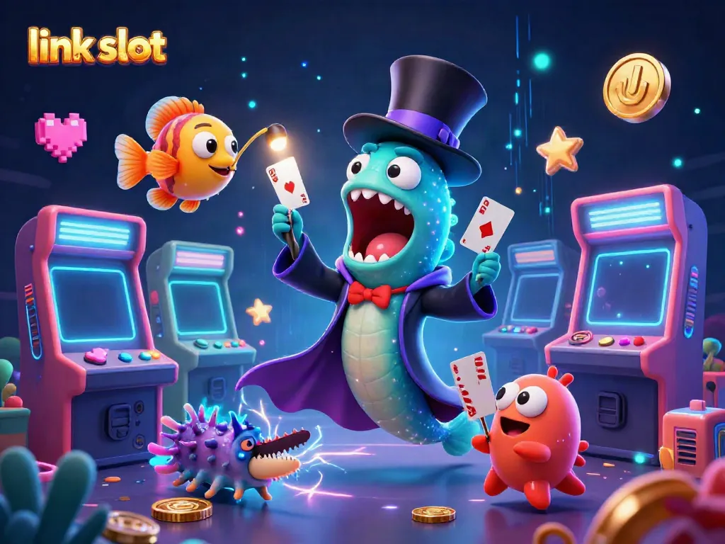 Engaging visuals of link slot in a vibrant casino scene with dynamic characters and game elements.