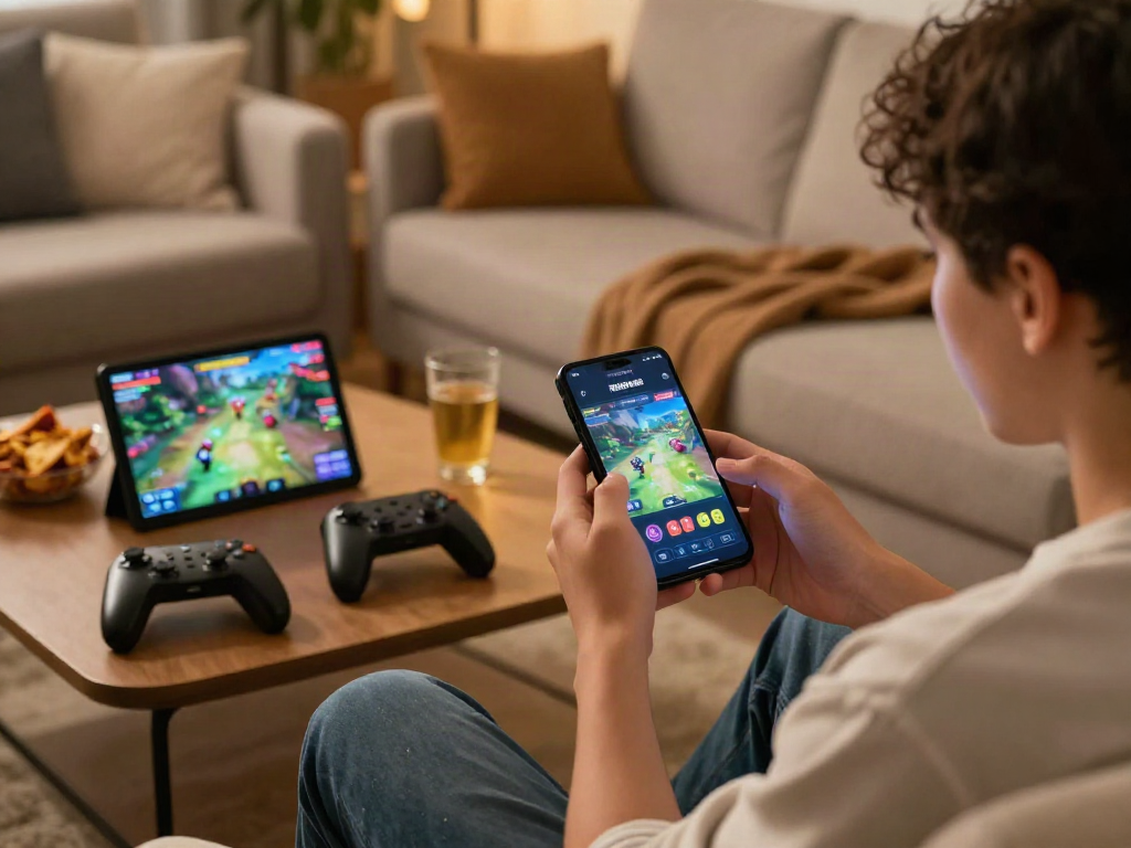 Engaged user exploring the rokok88 app in a cozy living room setting with vibrant gameplay graphics.