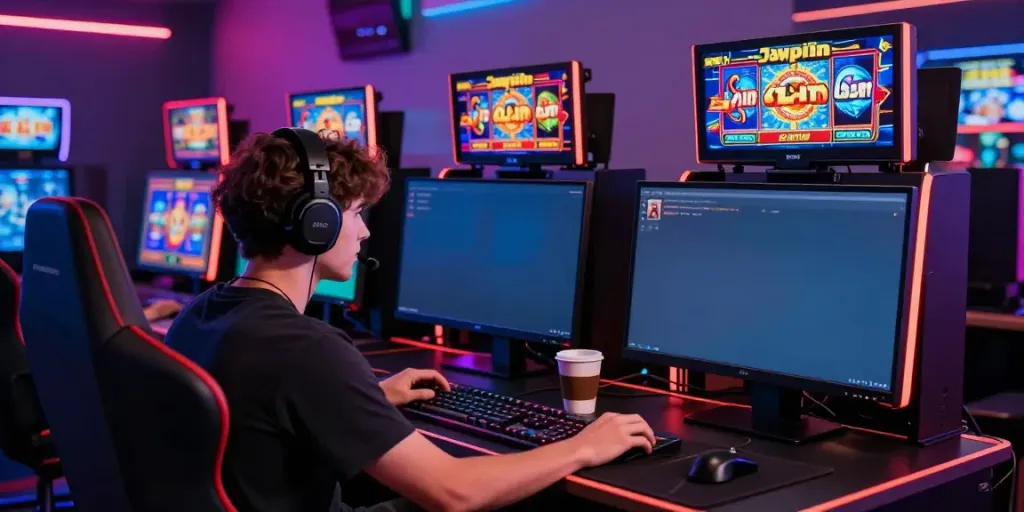 Player immersed in judi slot games on a vibrant gaming setup.