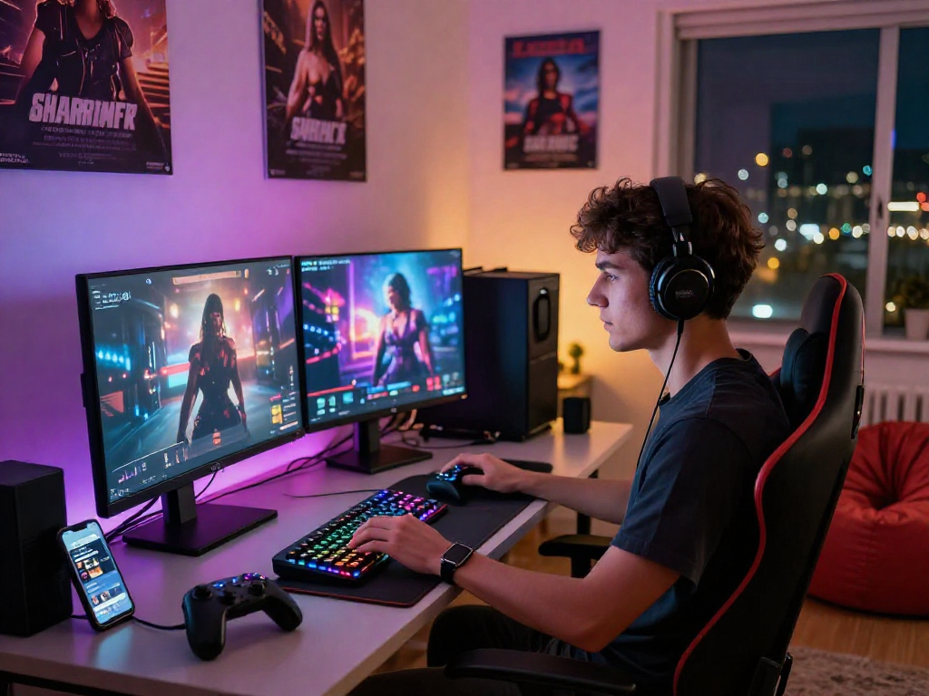Engaging young adult playing sex games in a modern gaming setup