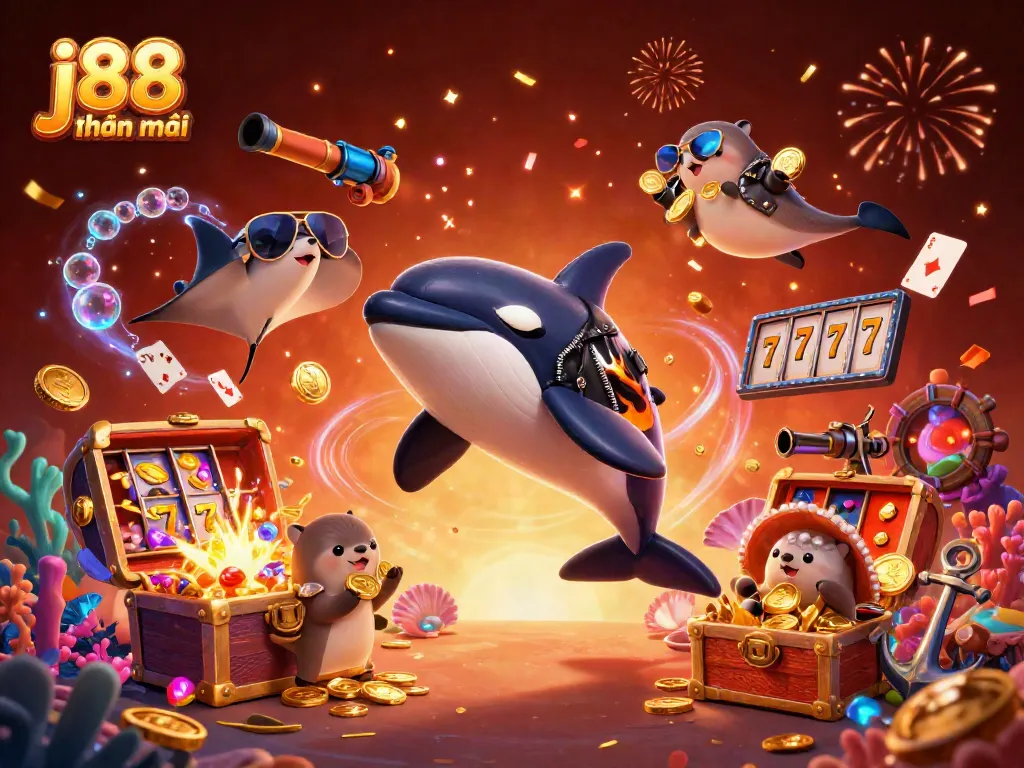Experience the excitement of j88 khuyến mãi with vibrant characters and casino elements in this 3D illustration.