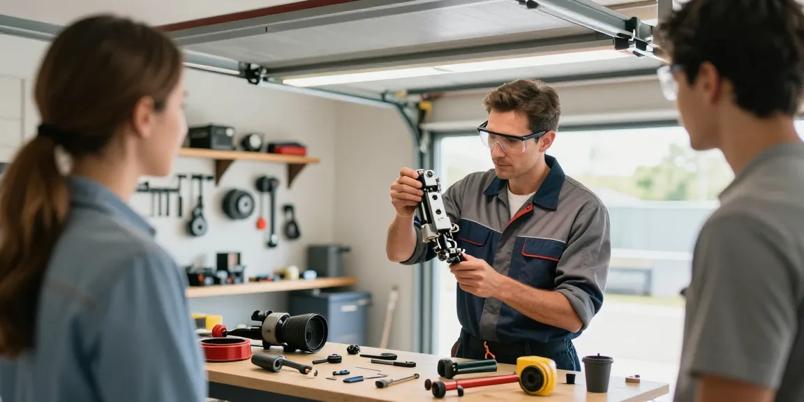 Technician inspecting a garage door mechanism, addressing a garage door stuck issue with professional tools and parts.