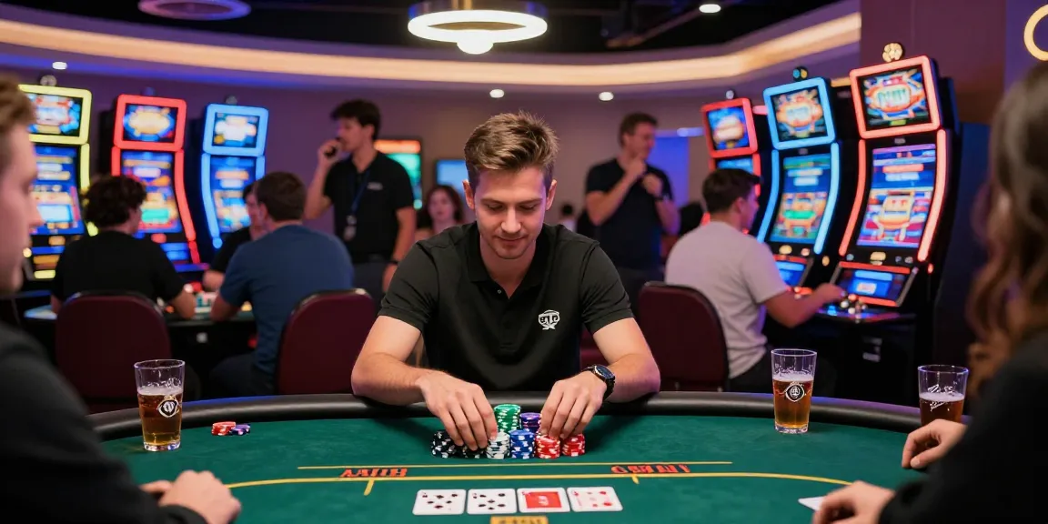 Exciting slot gaming action in a vibrant casino atmosphere with players surrounded by colorful machines and neon lights.