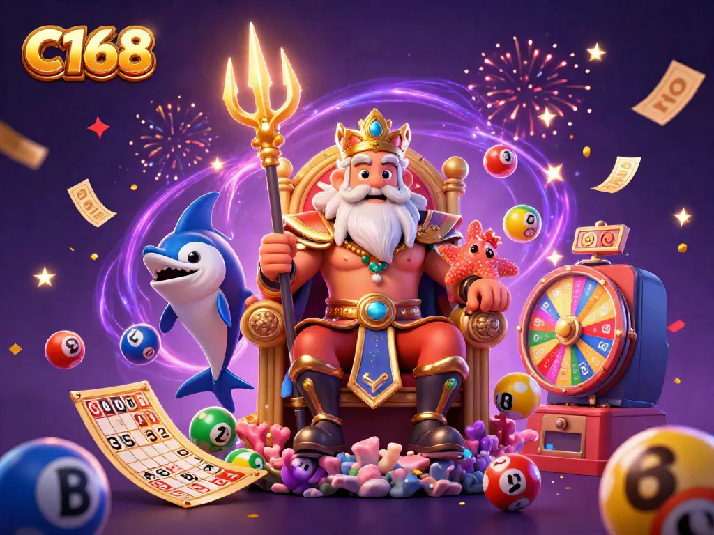 Experience the excitement of C168 with interactive lottery elements bouncing around a vibrant scene.