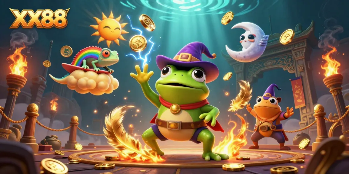 Experience thrilling XX88 moments with a magical scene of a wizard frog, chameleon, and gold coins.