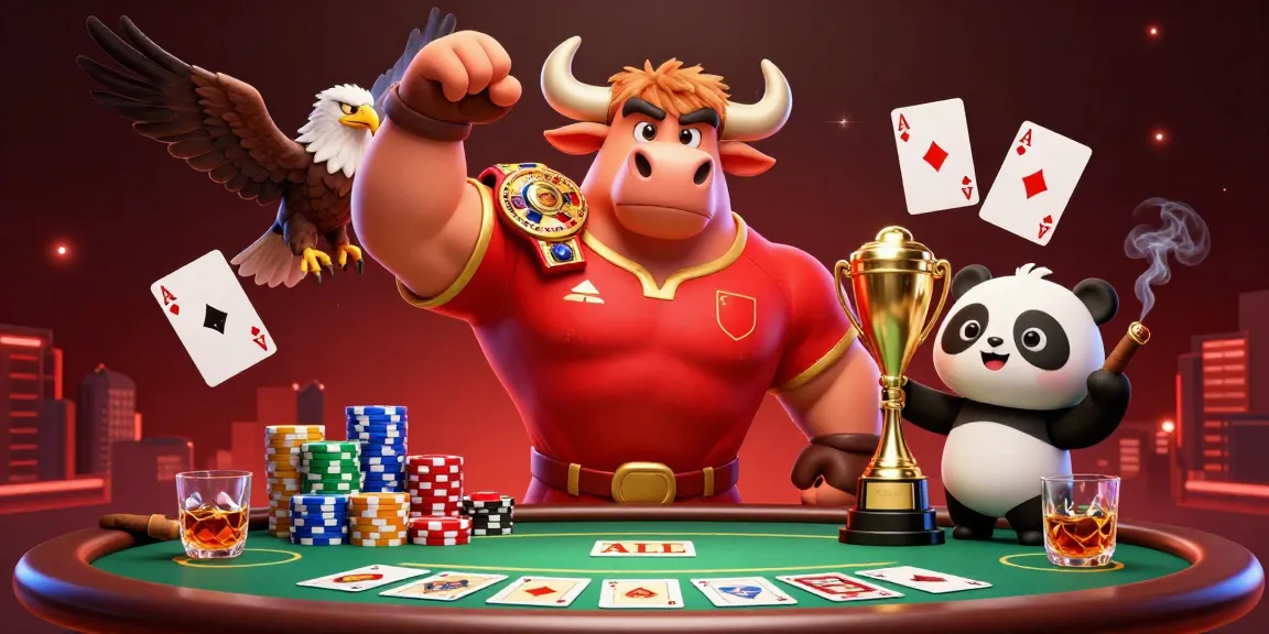 Celebrate a hit with a bull mascot and friends at a vibrant poker table scene.
