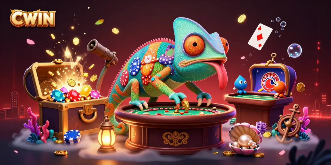 CWIN shows a colorful chameleon casino owner capturing coins at a vibrant 3D gambling scene.
