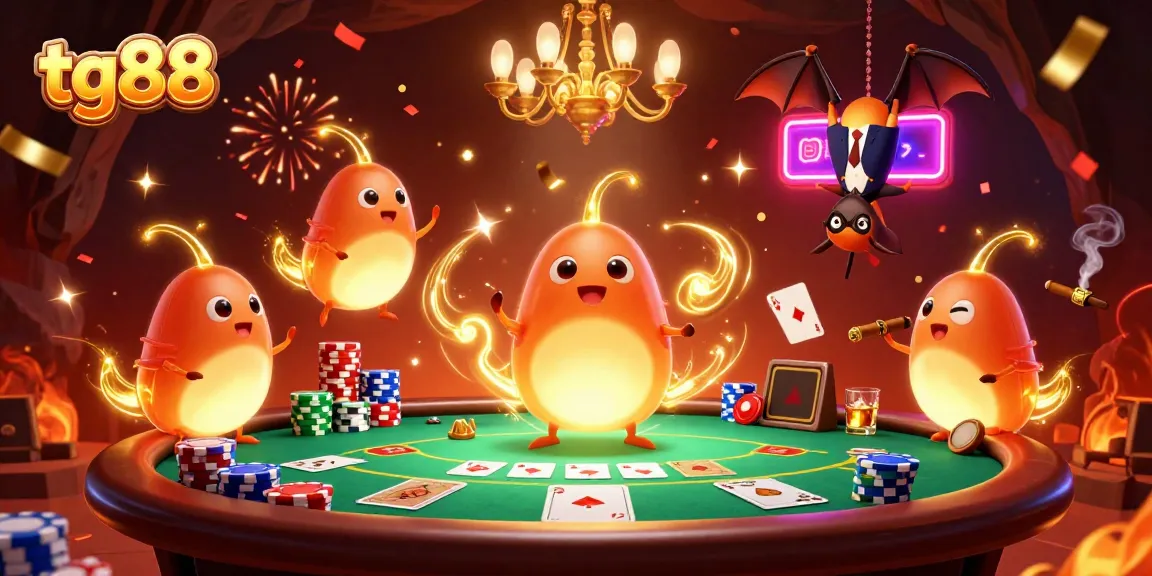 Experience thrilling casino action at tg88 with vibrant poker elements and glowworm characters illuminating gameplay.