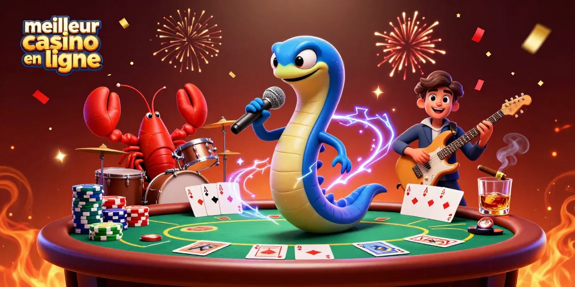 Découvrez le meilleur casino en ligne avec une scène animée de jeu de cartes et de musique.