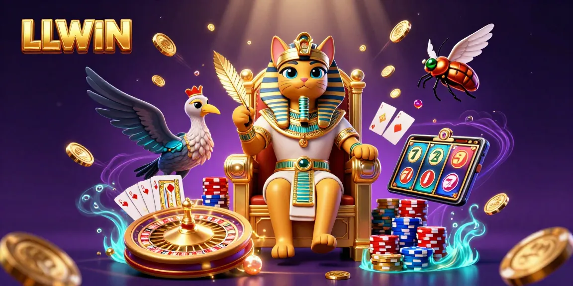 LLWIN offers a vibrant casino experience showcasing an Egyptian pharaoh cat amid dynamic gaming symbols and elements.