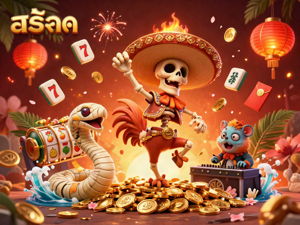 Experience excitement with สล็อต as a cartoon mariachi rooster celebrates on coins in this vibrant casino scene.