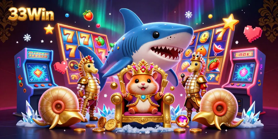 Win big at 33Win with a vibrant casino scene featuring a golden hamster king.