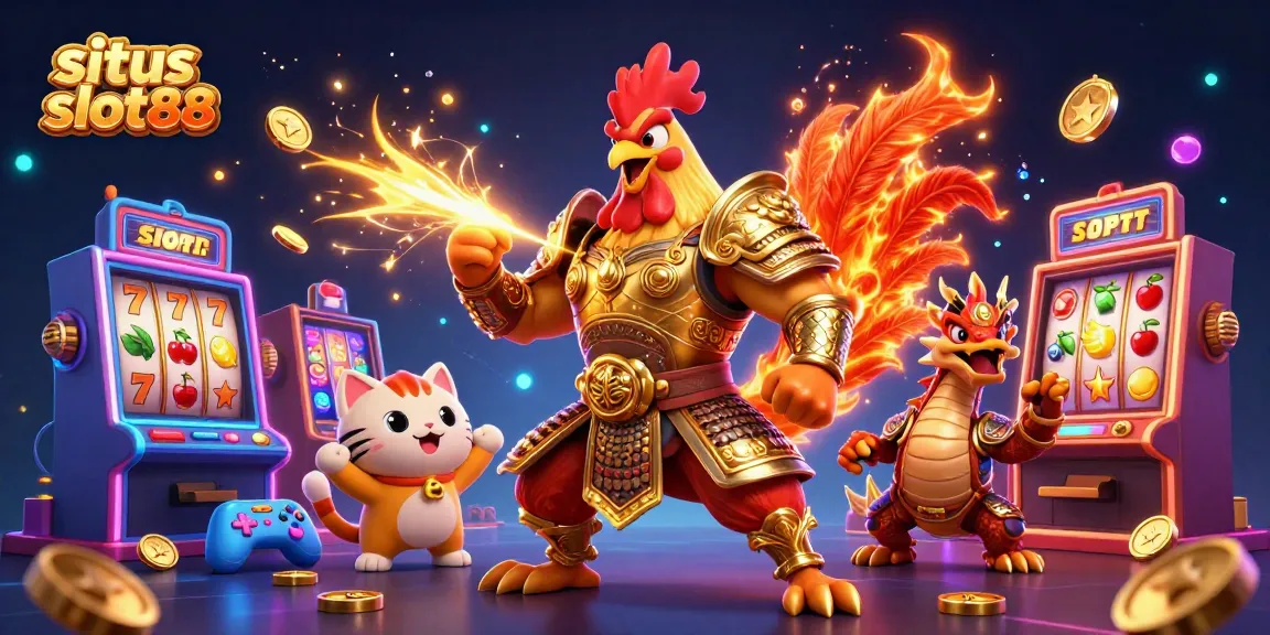 Engage with situs slot88 vibrant slots showcasing a samurai rooster and dragon mascot in a lively casino scene.