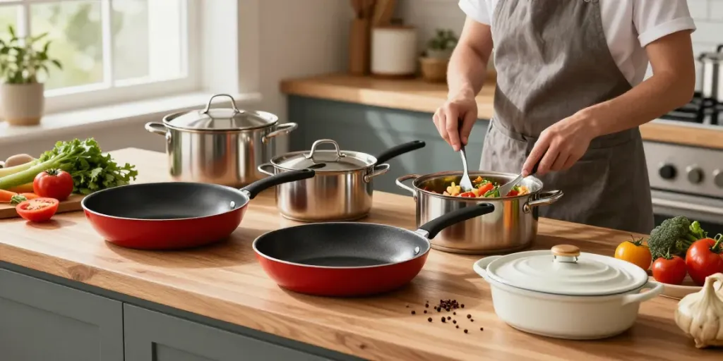 CookWare Price in Bangladesh display in a modern kitchen with vibrant cookware and chef preparing meals.