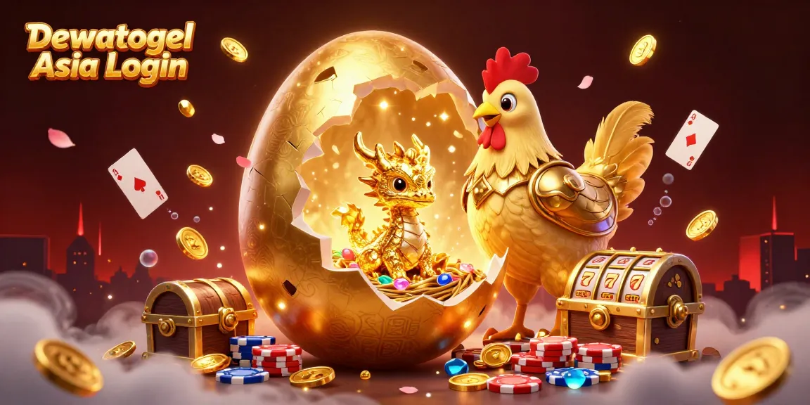 Dewatogel Asia Login showcases a golden baby dragon amid poker chips and dynamic casino elements in a vibrant setting.
