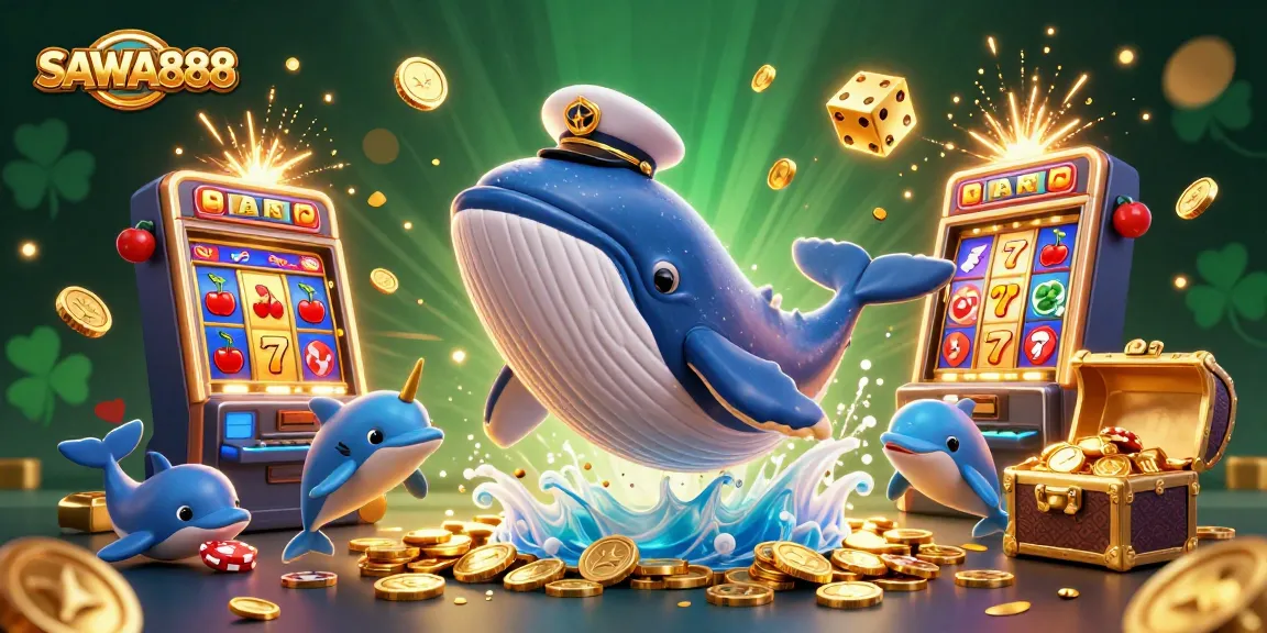 SAWA888 players discover excitement with a thrilling 3D illustration of a whale and slot machine.