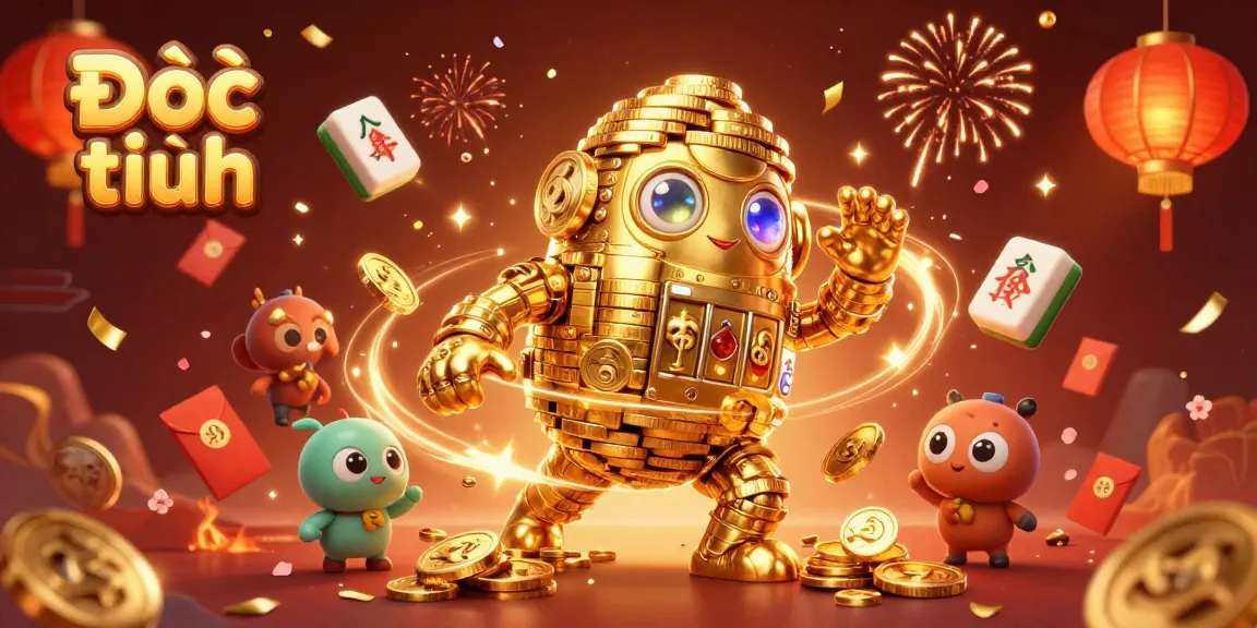 Engage with thrilling slot games by Đọc thêm's golden golem character in a vibrant casino illustration.
