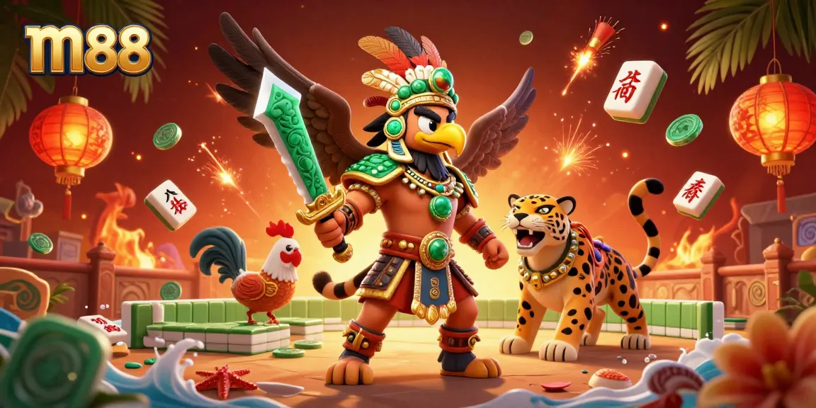 Experience epic cockfighting action at m88 with vibrant Aztec warriors and dynamic gaming elements.