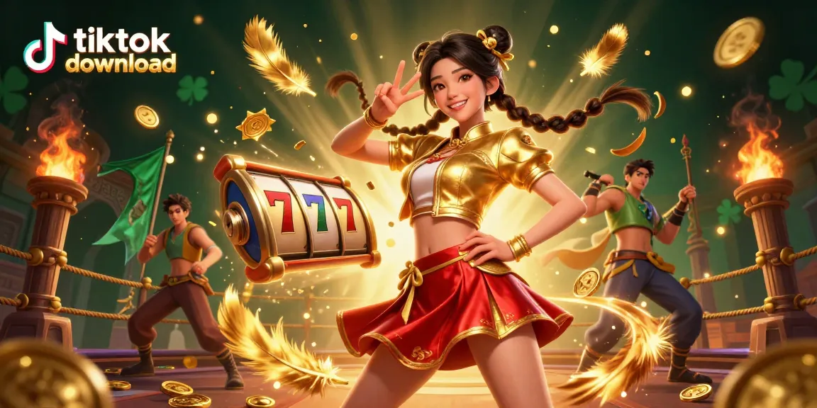 TikTok download animation showcases vibrant casino elements with thrilling slot reels and jackpots.