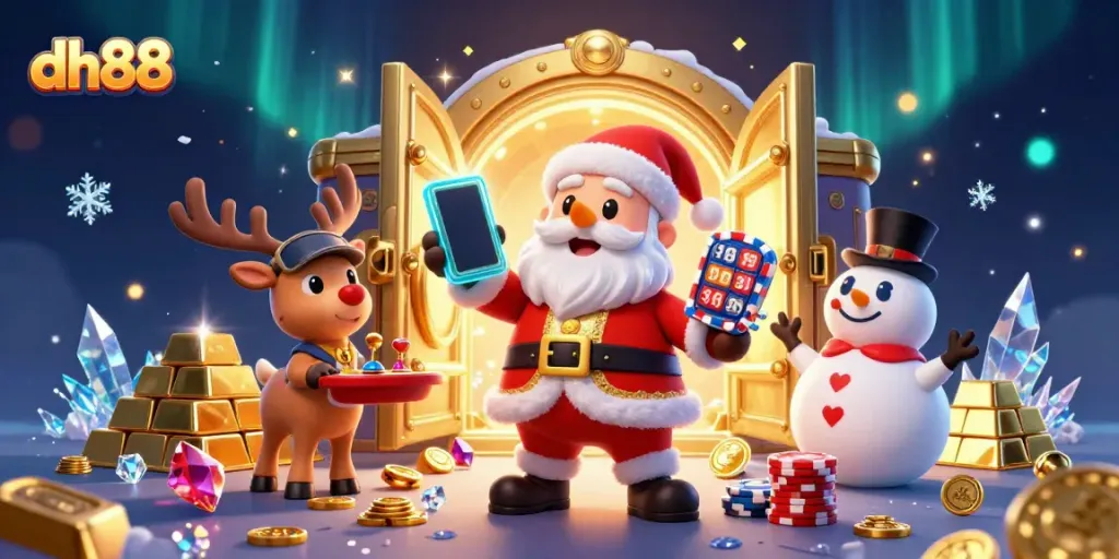 Experience the thrilling action at dh88 casino with Santa, his reindeer, and a snowman surrounded by treasure.