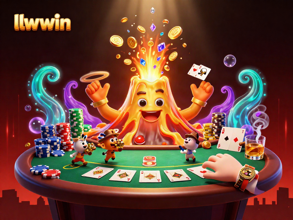 Experience thrilling gameplay with llwwin as a golden volcano erupts coins amidst dynamic poker elements.