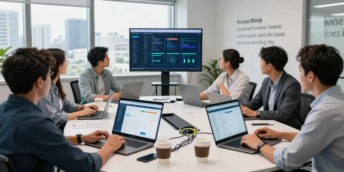 Engaged IT professionals discussing web hosting en mexico in a modern office.