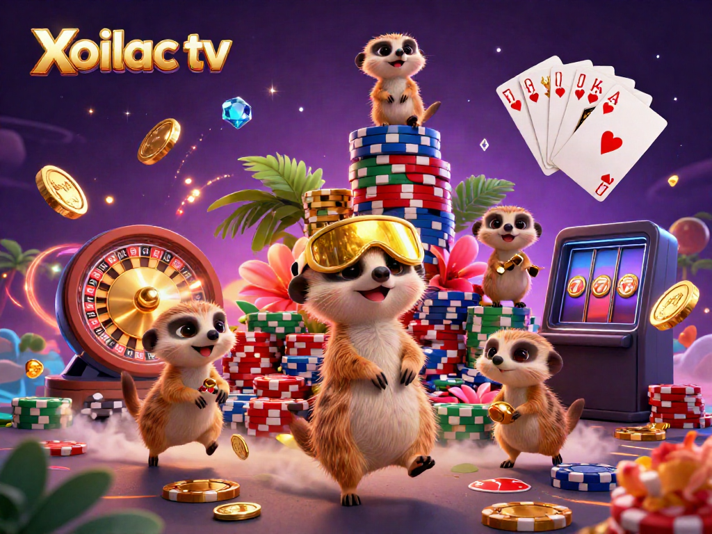 Xoilac tv showcases a thrilling casino with meerkats managing games and winning chips.