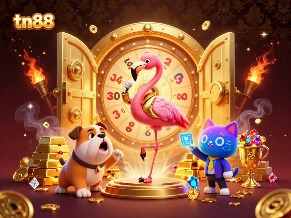 Spin to win with tn88 in a vibrant, interactive online casino atmosphere with 3D characters.
