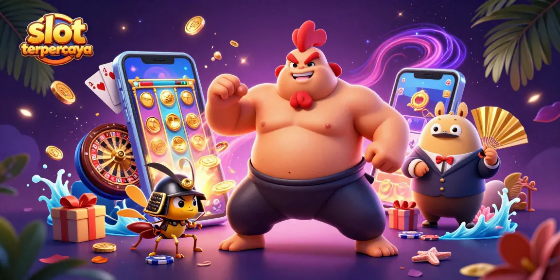 Experience the excitement of slot terpercaya with vibrant illustrations of a sumo rooster and samurai cricket.