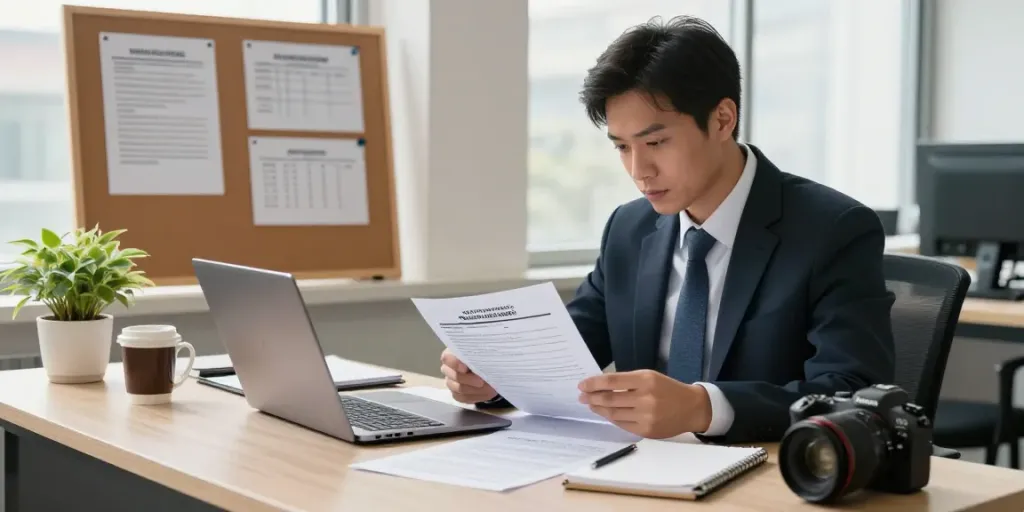 Investigator reviewing case files in an engaging office, highlighting 흥신소 굿탐정 services.