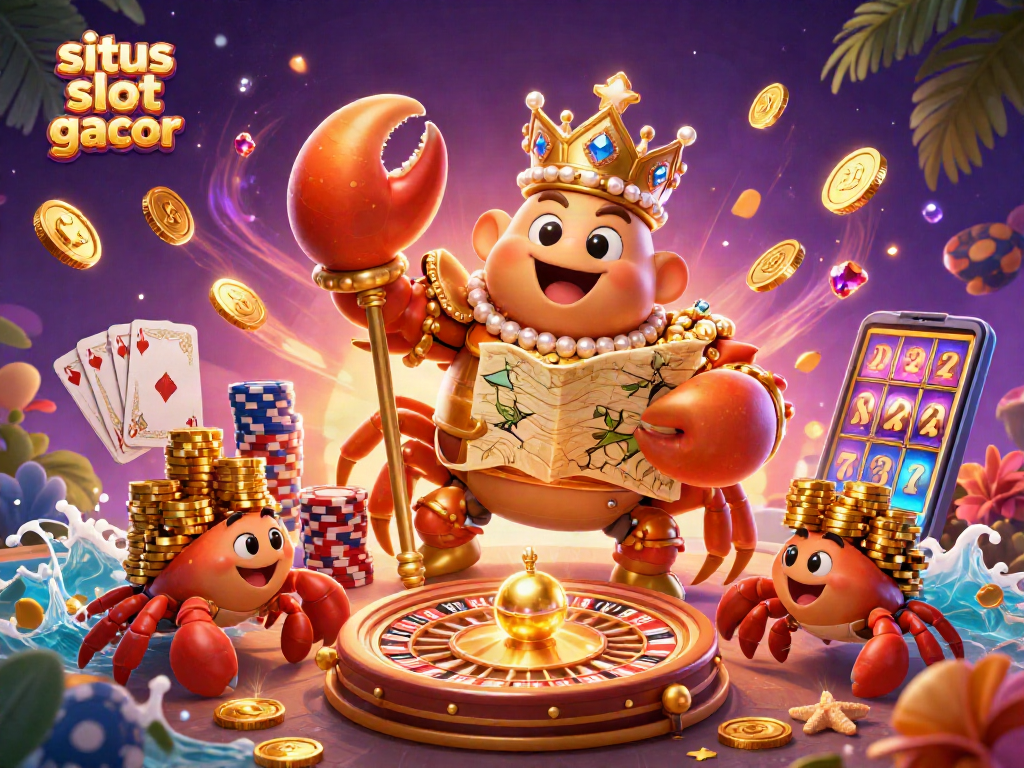 Situs slot gacor illustration featuring a golden crab emperor with gems, coins, and casino elements.